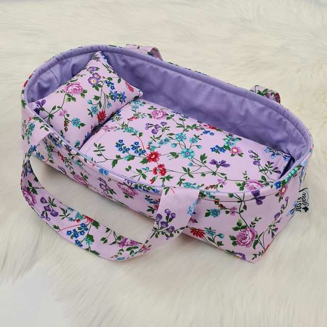 Dolls Carry Cot - Purple Floral with Purple Lining
