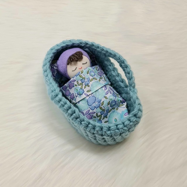 Mini Baby Doll with Mose Basket - Blue and Purple Floral