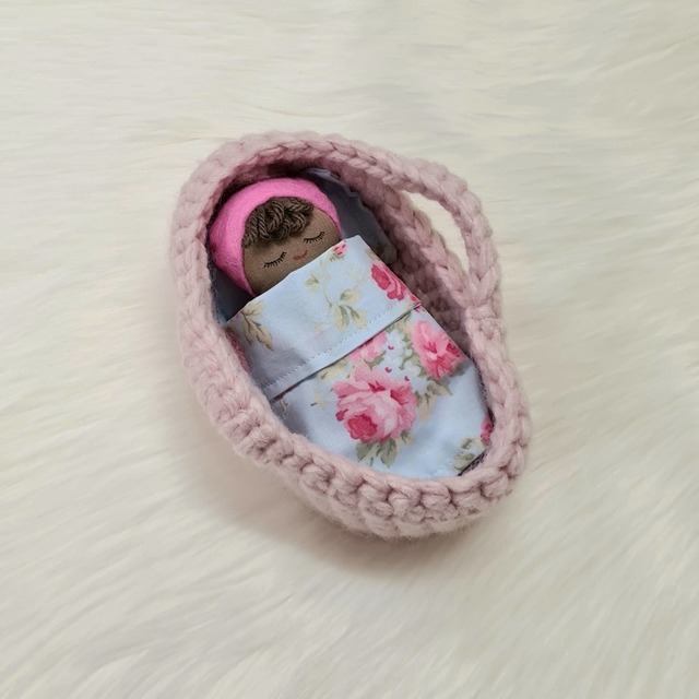 Mini Baby Doll with Mose Basket - Blue and Pink Floral