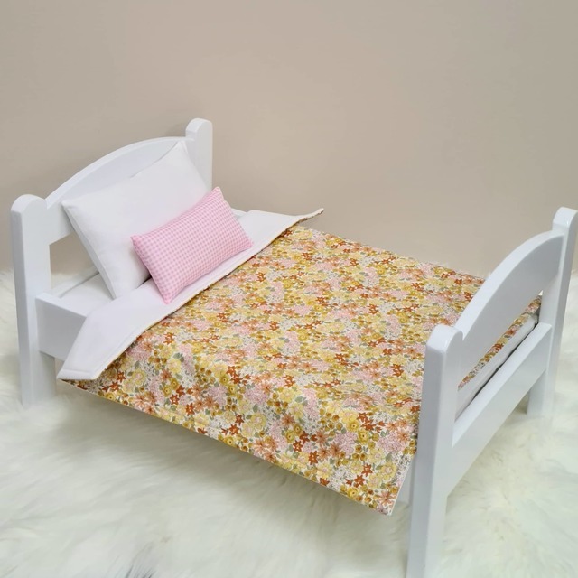 Dolls Bed, Cot or Pram Bedding Set - 3 Piece Mustard Floral