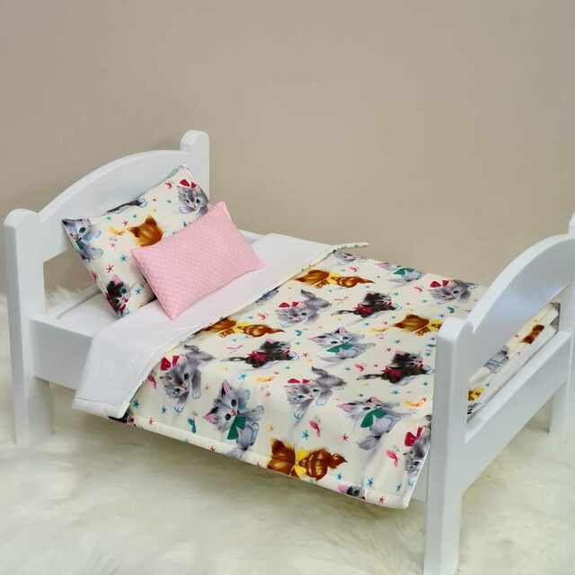 Dolls Bed, Cot or Pram Bedding Set - 3 Piece Cute Kittens