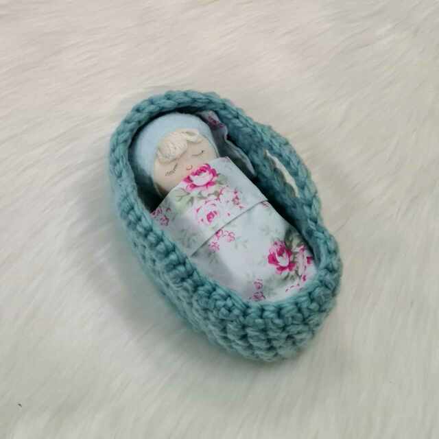 Mini Baby Doll with Mose Basket - Pale Blue Floral