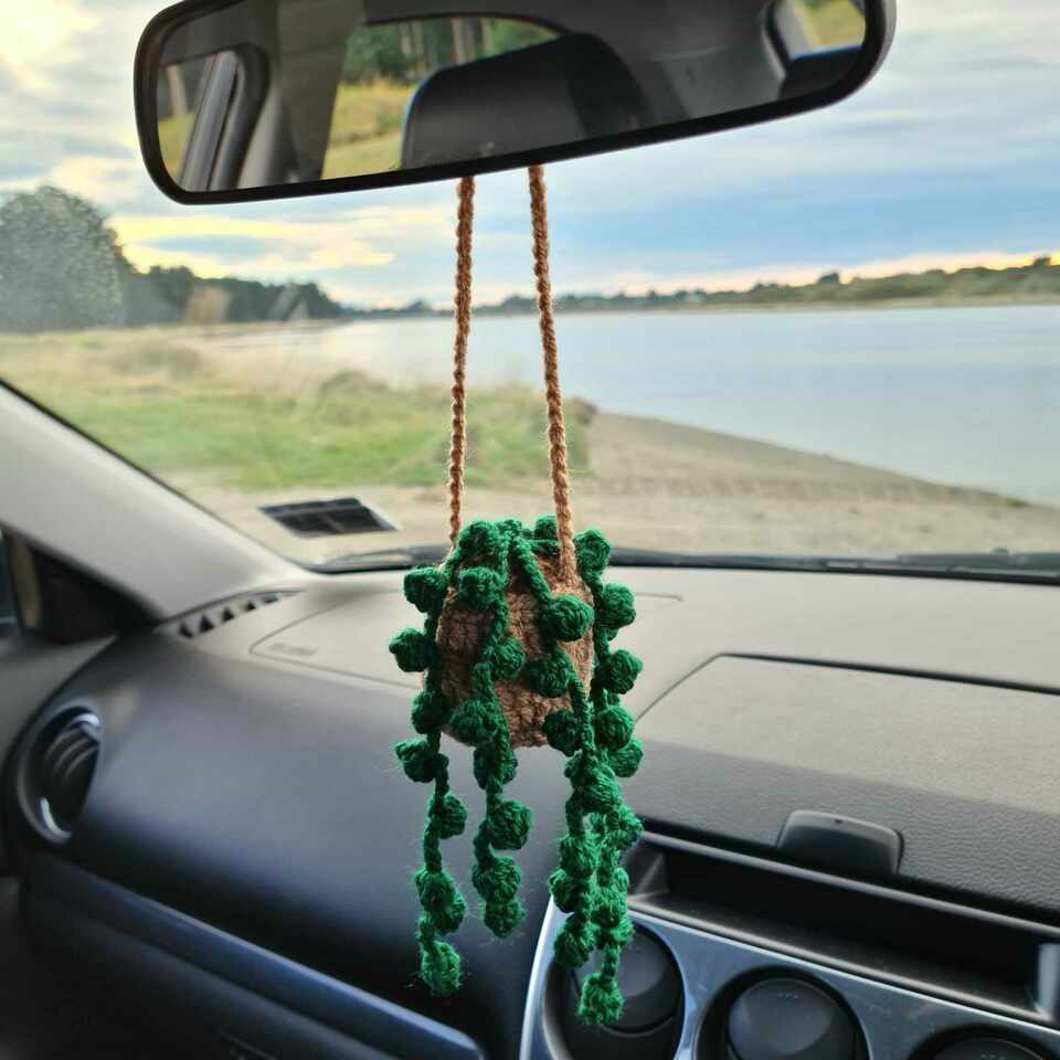 Crocheted Hanging String of Pearls Car Plant - Dark Green with Brown Pot