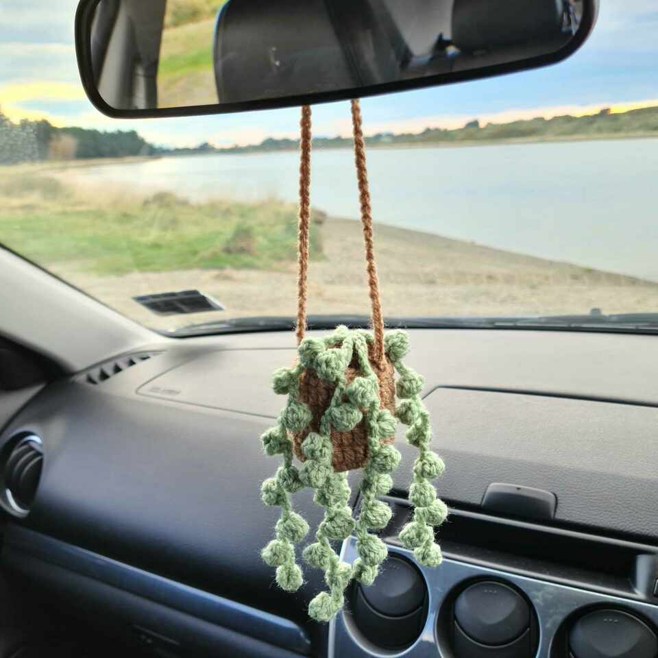 Crocheted Hanging String of Pearls Car Plant - Sage Green with Brown Pot