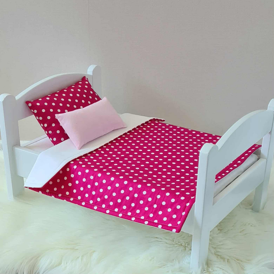 Dolls Bed, Cot or Pram Bedding Set - 3 Piece Pink Polka Dot
