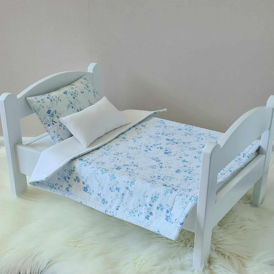 Dolls Bed, Cot or Pram Bedding Set - 3 Piece Blue Embroidery Anglaise